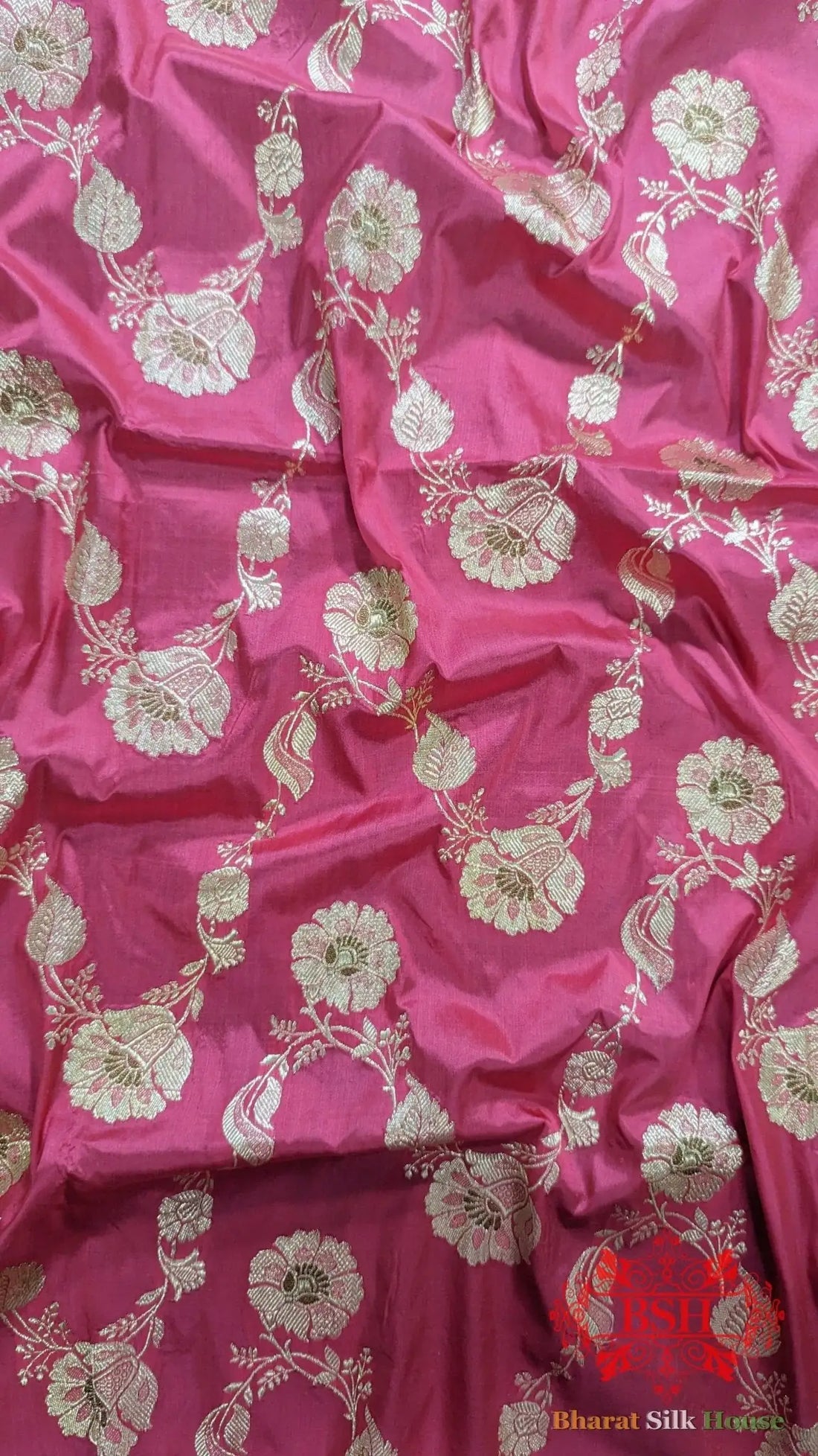 Pure Banarasi Handloom Katan Silk Meenakari Antique Golden Zari Saree In Shades Of Strawberry - Bharat Silk House Pure Kataan Silk