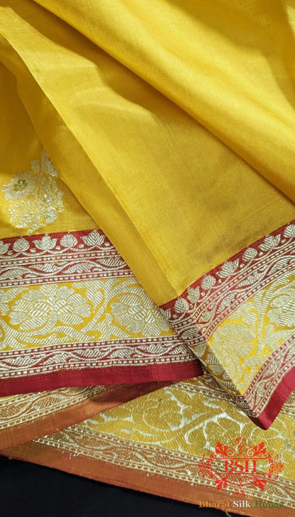 Pure Banarasi Handloom Katan Silk Meenakari Antique Golden Zari Saree In Shades Of Yellow - Bharat Silk House Pure Kataan Silk