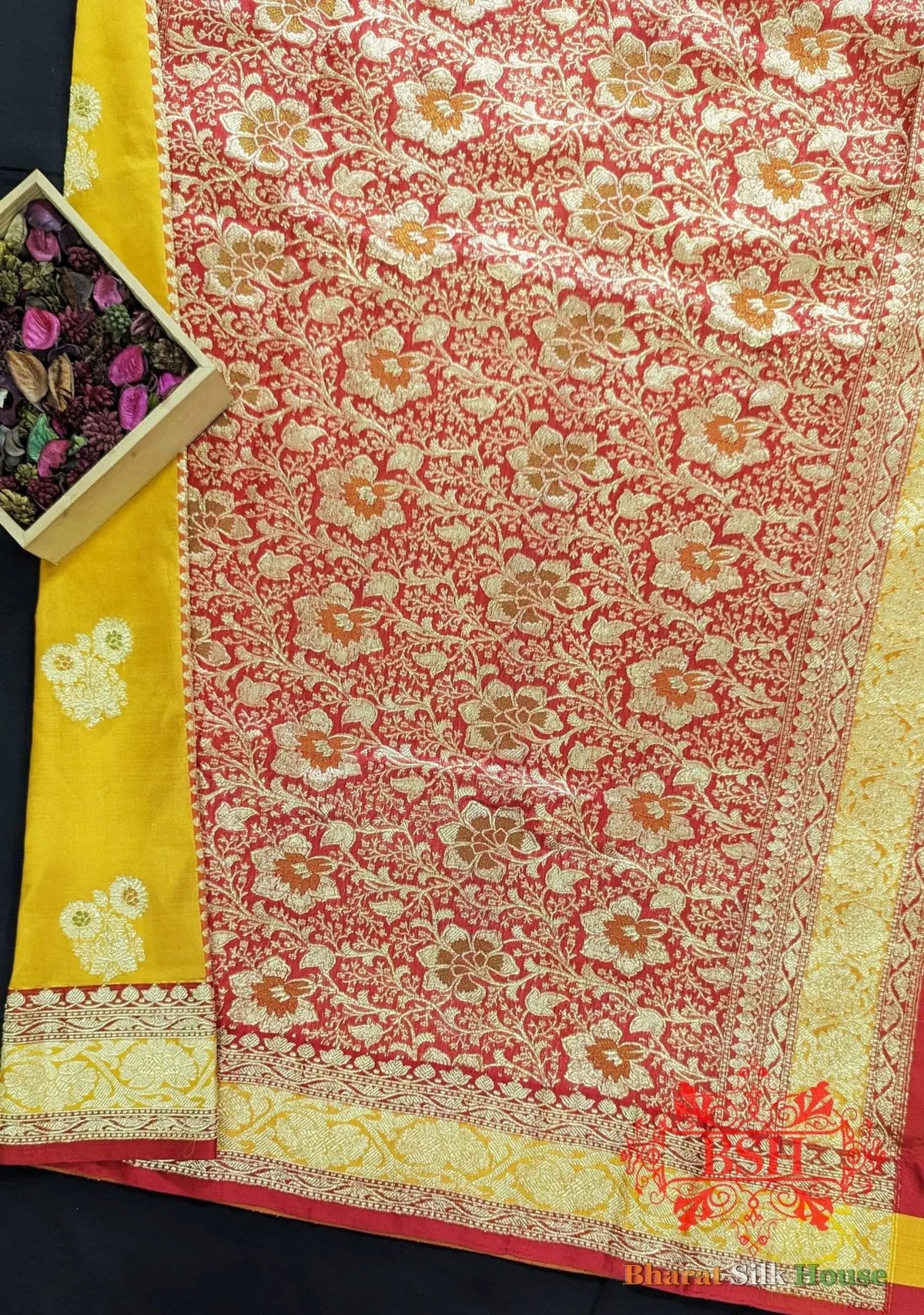 Pure Banarasi Handloom Katan Silk Meenakari Antique Golden Zari Saree In Shades Of Yellow - Bharat Silk House Pure Kataan Silk