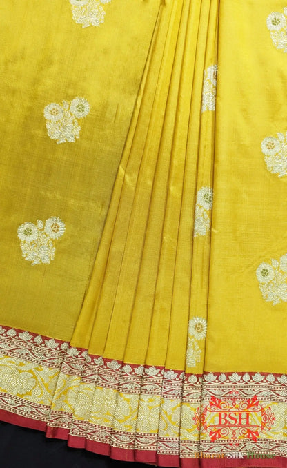Pure Banarasi Handloom Katan Silk Meenakari Antique Golden Zari Saree In Shades Of Yellow - Bharat Silk House Pure Kataan Silk