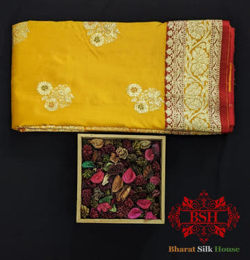 Pure Banarasi Handloom Katan Silk Meenakari Antique Golden Zari Saree In Shades Of Yellow - Bharat Silk House Pure Kataan Silk