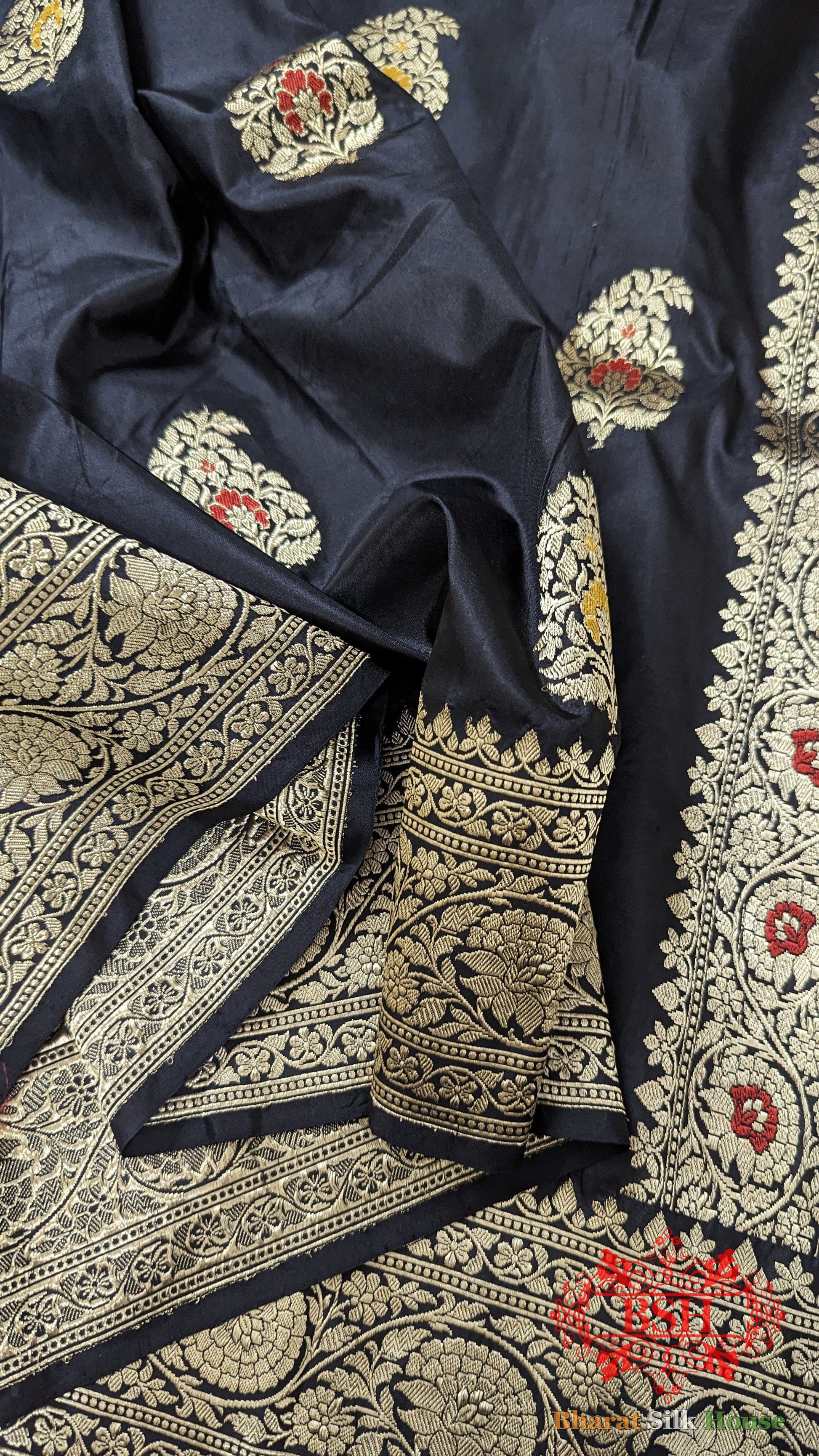 Pure Banarasi Handloom Katan Silk Meenakari Antique Zari Saree In Shades Of Black - Bharat Silk House