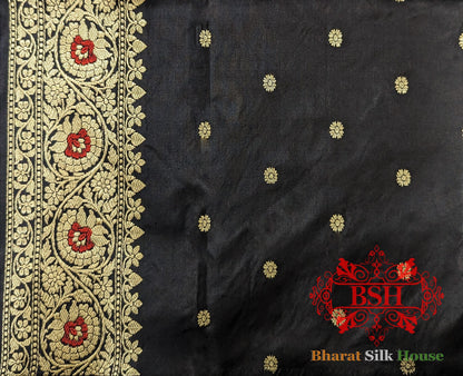 Pure Banarasi Handloom Katan Silk Meenakari Antique Zari Saree In Shades Of Black - Bharat Silk House