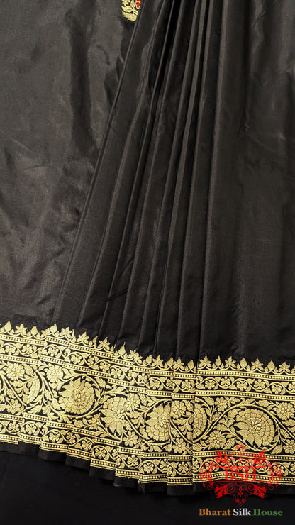 Pure Banarasi Handloom Katan Silk Meenakari Antique Zari Saree In Shades Of Black - Bharat Silk House