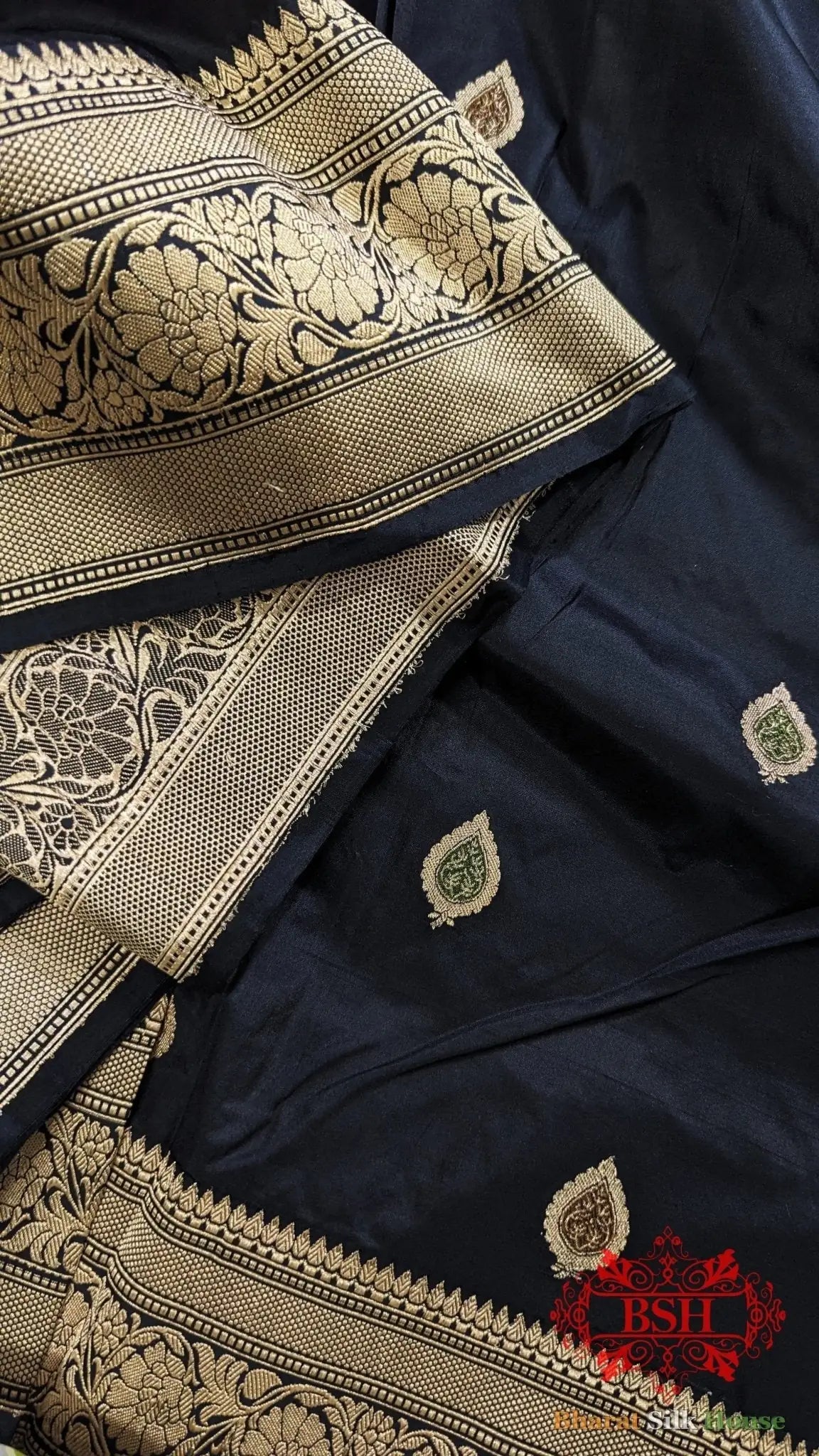Pure Banarasi Handloom Katan Silk Meenakari Antique Zari Saree In Shades Of Black - Bharat Silk House Pure Kataan Silk