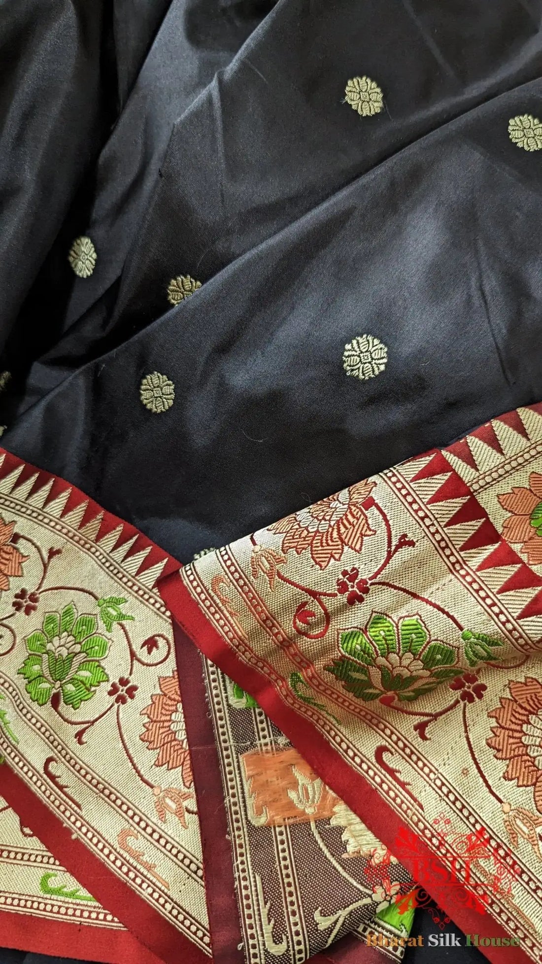 Pure Banarasi Handloom Katan Silk Meenakari Antique Zari Saree In Shades Of Black - Bharat Silk House Pure Kataan Silk