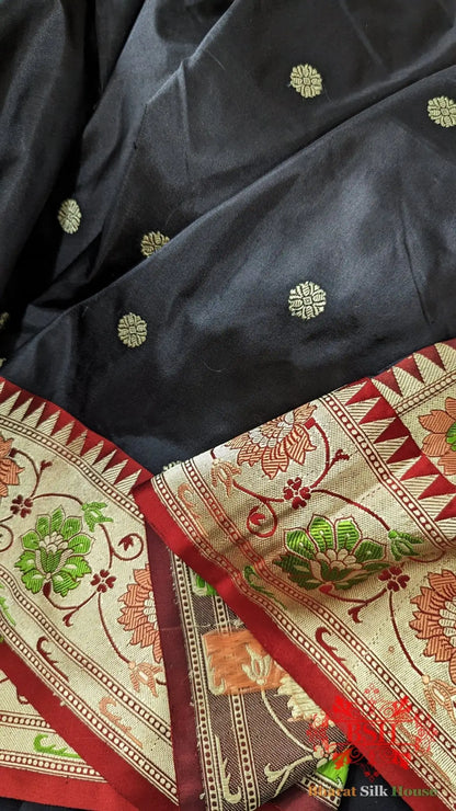 Pure Banarasi Handloom Katan Silk Meenakari Antique Zari Saree In Shades Of Black - Bharat Silk House Pure Kataan Silk