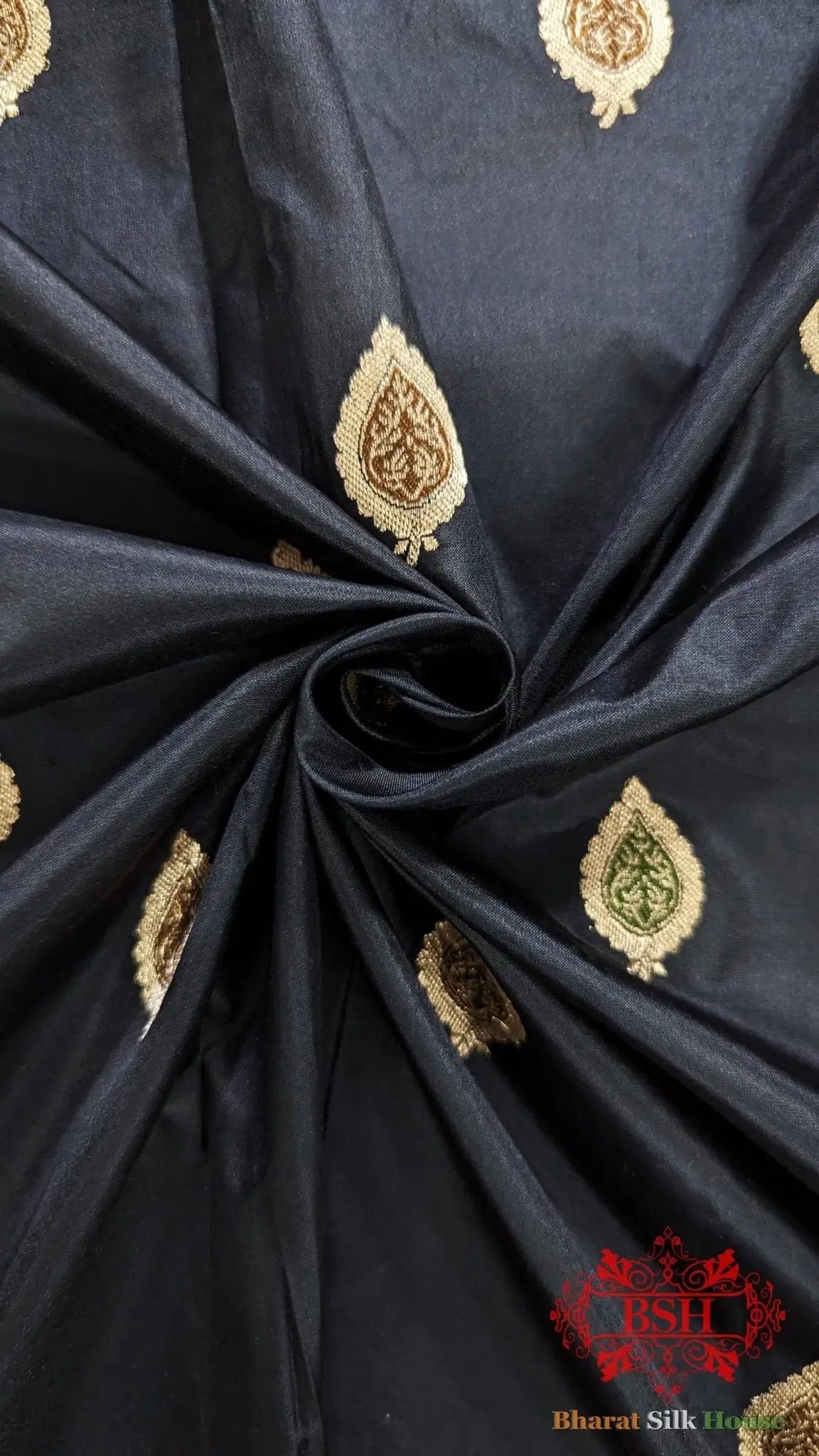 Pure Banarasi Handloom Katan Silk Meenakari Antique Zari Saree In Shades Of Black - Bharat Silk House Pure Kataan Silk