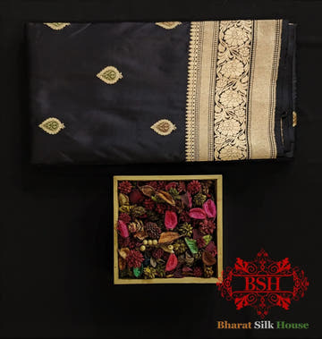 Pure Banarasi Handloom Katan Silk Meenakari Antique Zari Saree In Shades Of Black - Bharat Silk House Pure Kataan Silk