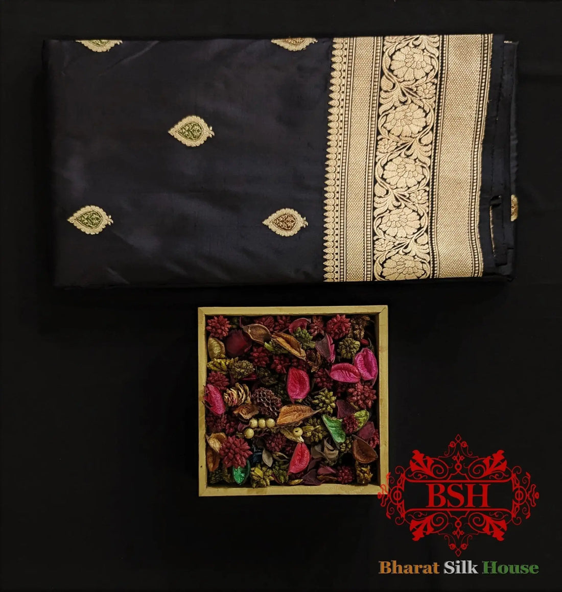 Pure Banarasi Handloom Katan Silk Meenakari Antique Zari Saree In Shades Of Black - Bharat Silk House Pure Kataan Silk