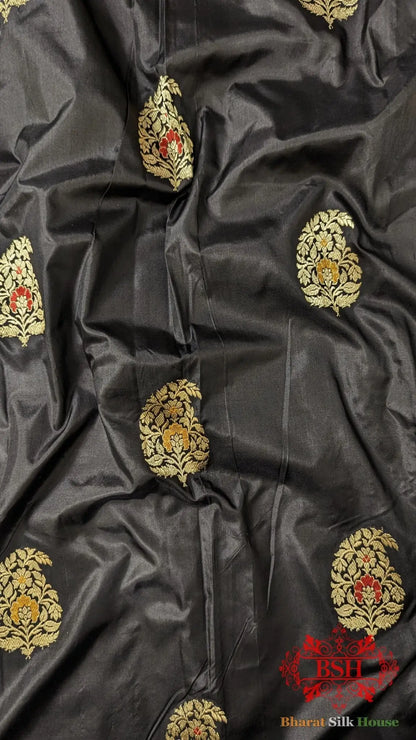 Pure Banarasi Handloom Katan Silk Meenakari Antique Zari Saree In Shades Of Black - Bharat Silk House Pure Kataan Silk