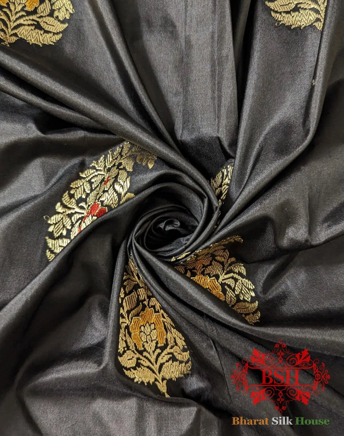 Pure Banarasi Handloom Katan Silk Meenakari Antique Zari Saree In Shades Of Black - Bharat Silk House Pure Kataan Silk