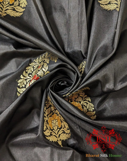Pure Banarasi Handloom Katan Silk Meenakari Antique Zari Saree In Shades Of Black - Bharat Silk House Pure Kataan Silk