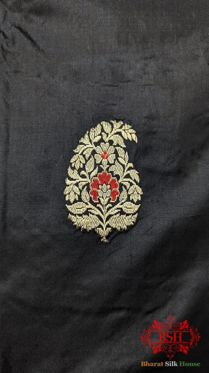 Pure Banarasi Handloom Katan Silk Meenakari Antique Zari Saree In Shades Of Black - Bharat Silk House Pure Kataan Silk