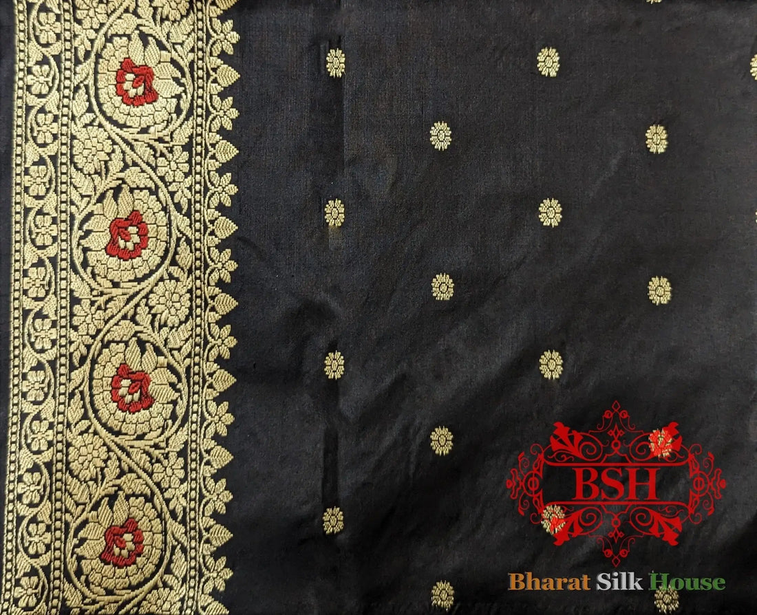 Pure Banarasi Handloom Katan Silk Meenakari Antique Zari Saree In Shades Of Black - Bharat Silk House Pure Kataan Silk