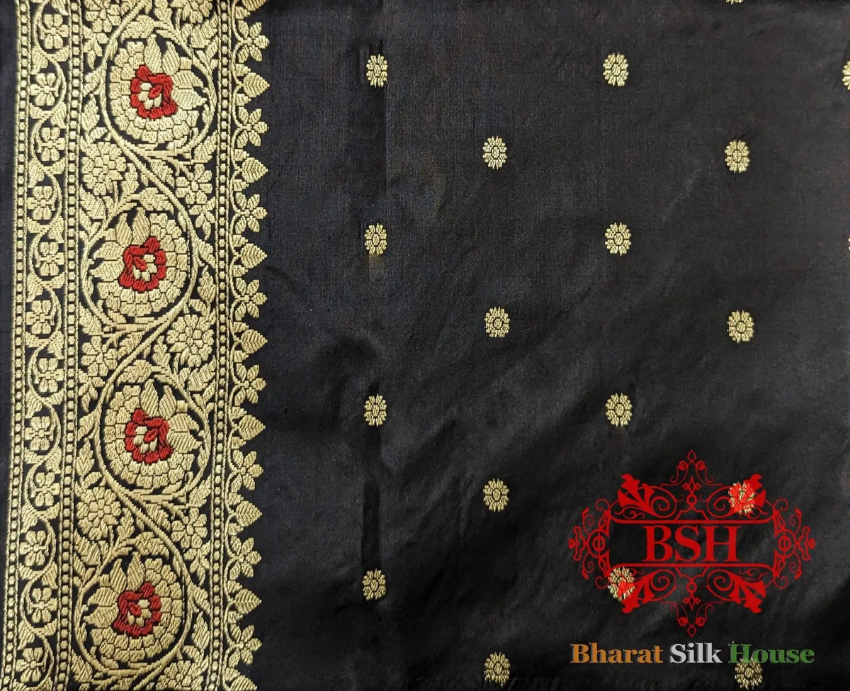 Pure Banarasi Handloom Katan Silk Meenakari Antique Zari Saree In Shades Of Black - Bharat Silk House Pure Kataan Silk