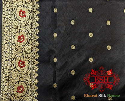 Pure Banarasi Handloom Katan Silk Meenakari Antique Zari Saree In Shades Of Black - Bharat Silk House Pure Kataan Silk