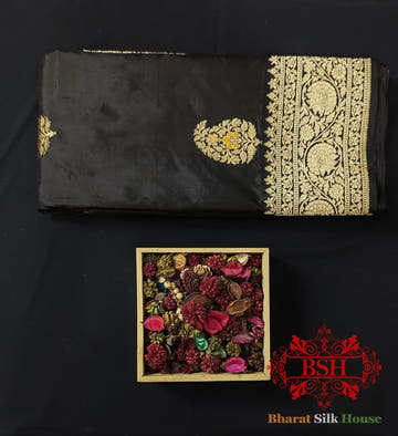 Pure Banarasi Handloom Katan Silk Meenakari Antique Zari Saree In Shades Of Black - Bharat Silk House Pure Kataan Silk