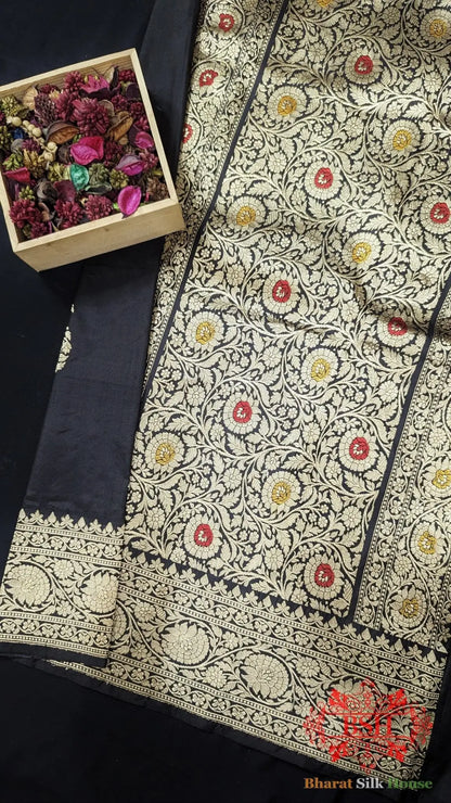 Pure Banarasi Handloom Katan Silk Meenakari Antique Zari Saree In Shades Of Black - Bharat Silk House Pure Kataan Silk