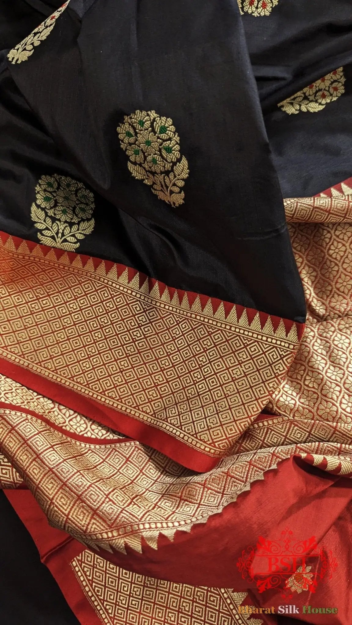 Pure Banarasi Handloom Katan Silk Meenakari Antique Zari Saree In Shades Of Black - Bharat Silk House Pure Kataan Silk