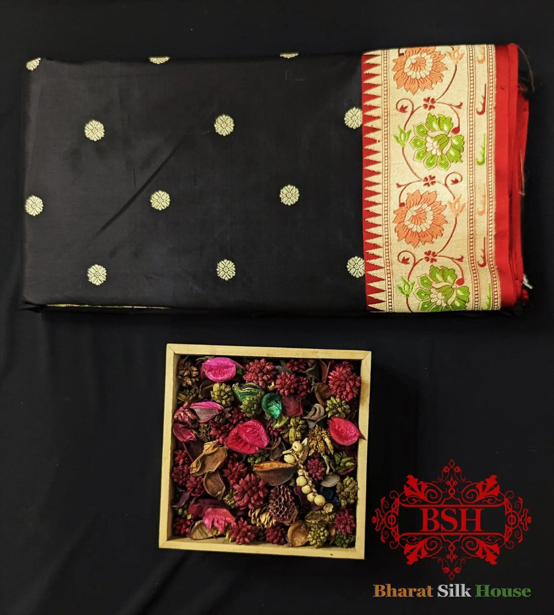Pure Banarasi Handloom Katan Silk Meenakari Antique Zari Saree In Shades Of Black - Bharat Silk House Pure Kataan Silk