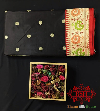 Pure Banarasi Handloom Katan Silk Meenakari Antique Zari Saree In Shades Of Black - Bharat Silk House Pure Kataan Silk