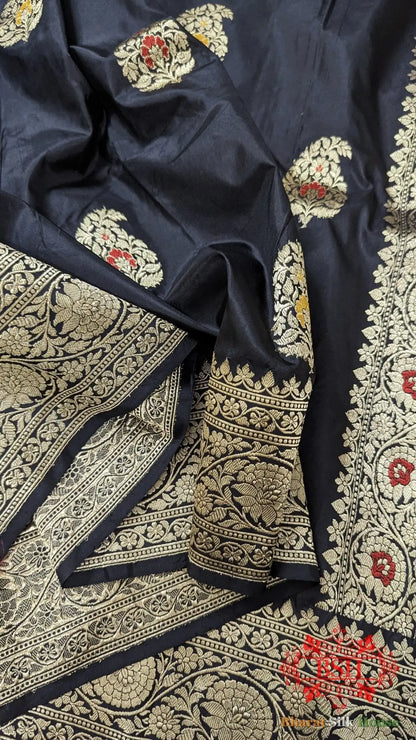 Pure Banarasi Handloom Katan Silk Meenakari Antique Zari Saree In Shades Of Black - Bharat Silk House Pure Kataan Silk