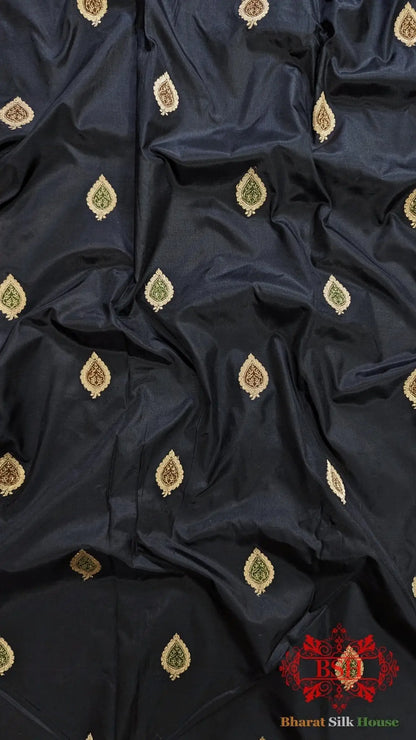Pure Banarasi Handloom Katan Silk Meenakari Antique Zari Saree In Shades Of Black - Bharat Silk House Pure Kataan Silk