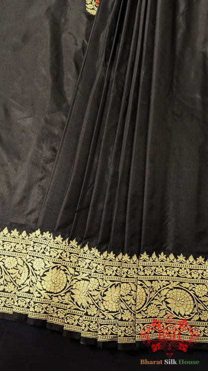 Pure Banarasi Handloom Katan Silk Meenakari Antique Zari Saree In Shades Of Black - Bharat Silk House Pure Kataan Silk