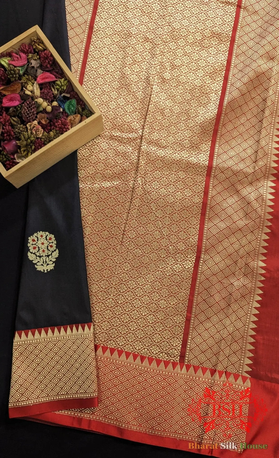 Pure Banarasi Handloom Katan Silk Meenakari Antique Zari Saree In Shades Of Black - Bharat Silk House Pure Kataan Silk