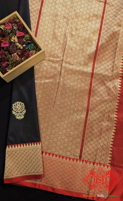Pure Banarasi Handloom Katan Silk Meenakari Antique Zari Saree In Shades Of Black - Bharat Silk House Pure Kataan Silk