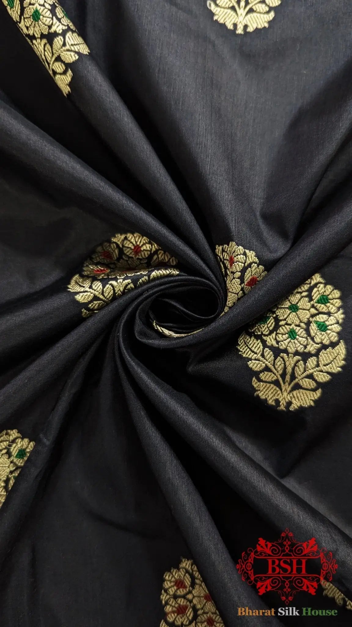 Pure Banarasi Handloom Katan Silk Meenakari Antique Zari Saree In Shades Of Black - Bharat Silk House Pure Kataan Silk