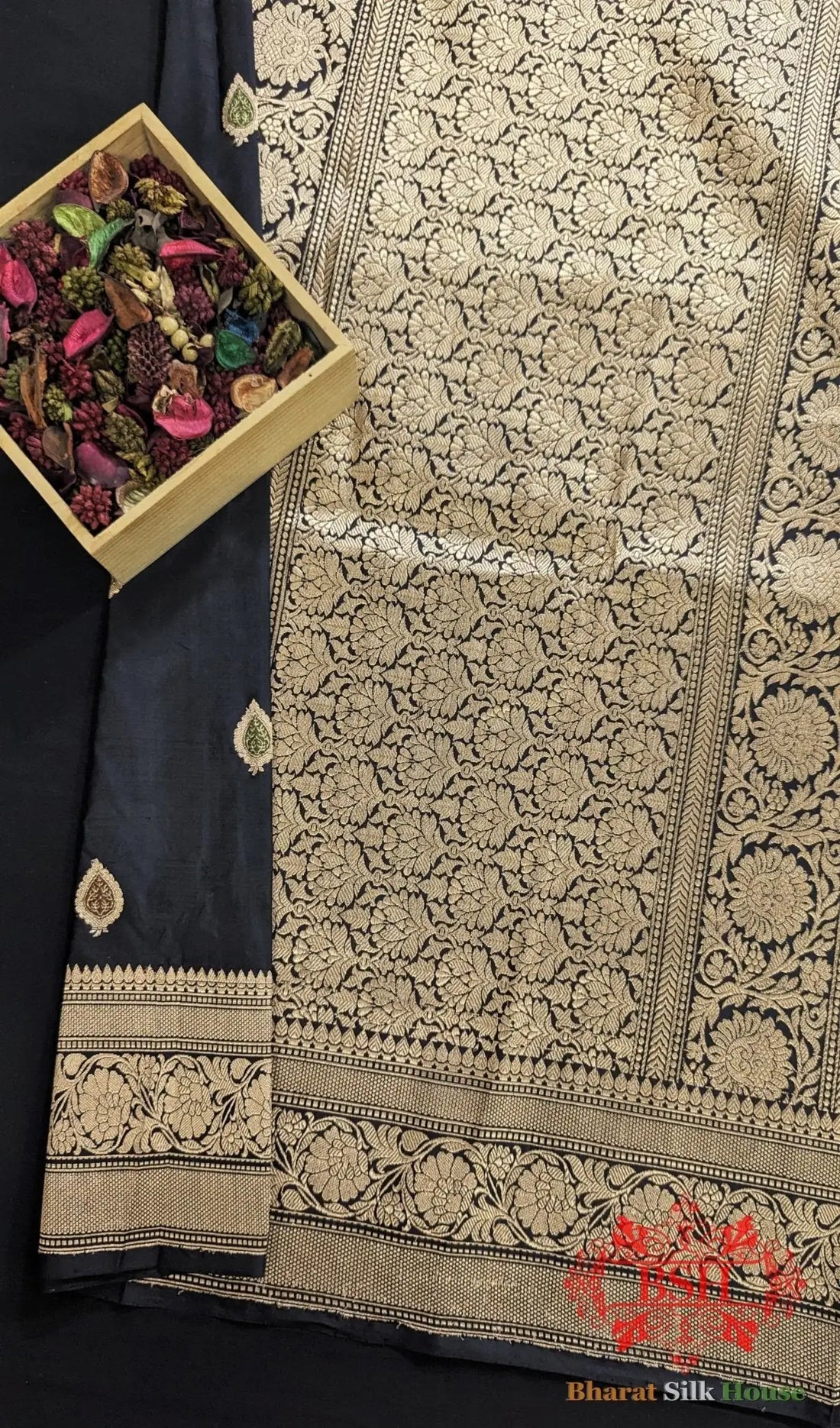 Pure Banarasi Handloom Katan Silk Meenakari Antique Zari Saree In Shades Of Black - Bharat Silk House Pure Kataan Silk