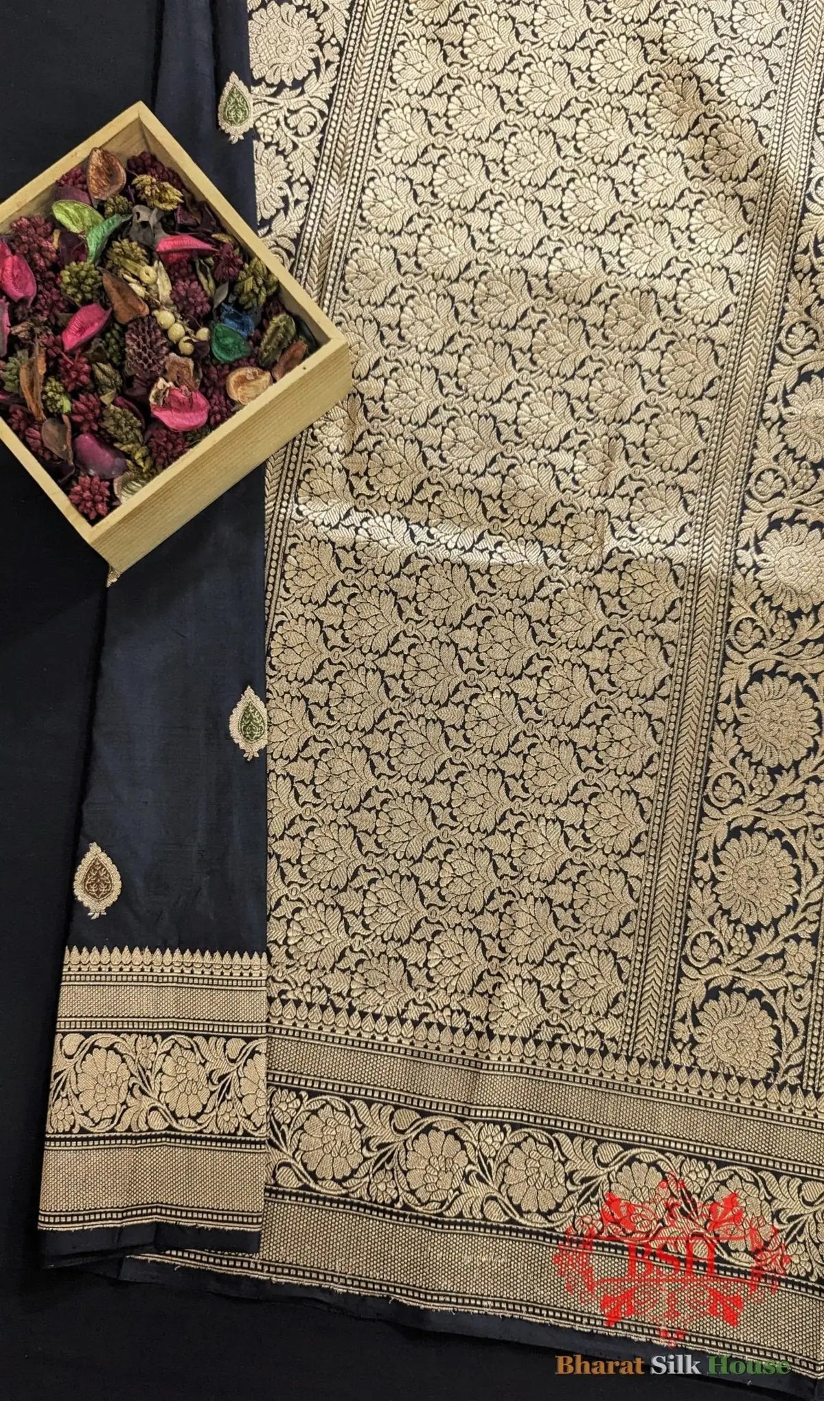 Pure Banarasi Handloom Katan Silk Meenakari Antique Zari Saree In Shades Of Black - Bharat Silk House Pure Kataan Silk