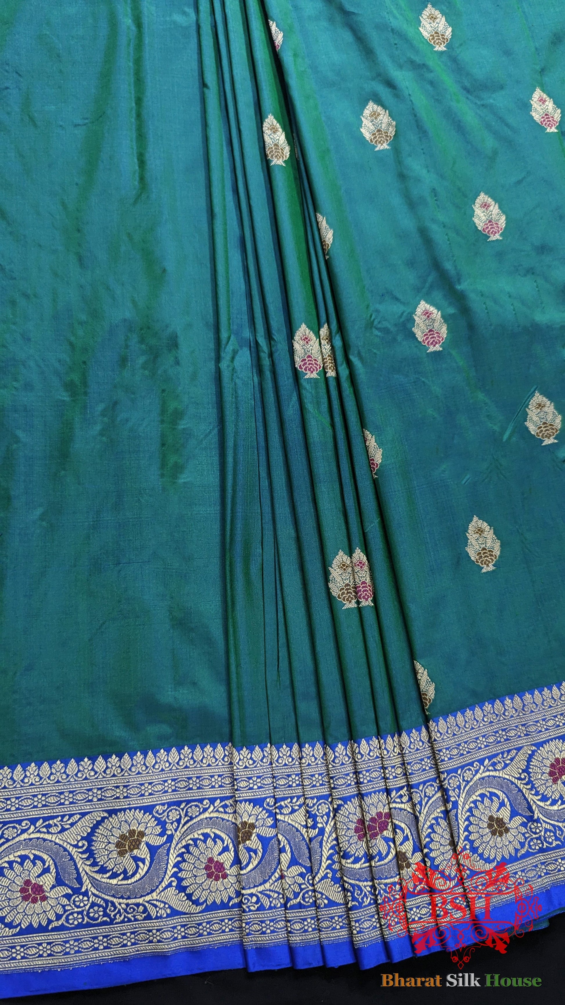 Pure Banarasi Handloom Katan Silk Meenakari Antique Zari Saree In Shades Of Blue - Bharat Silk House