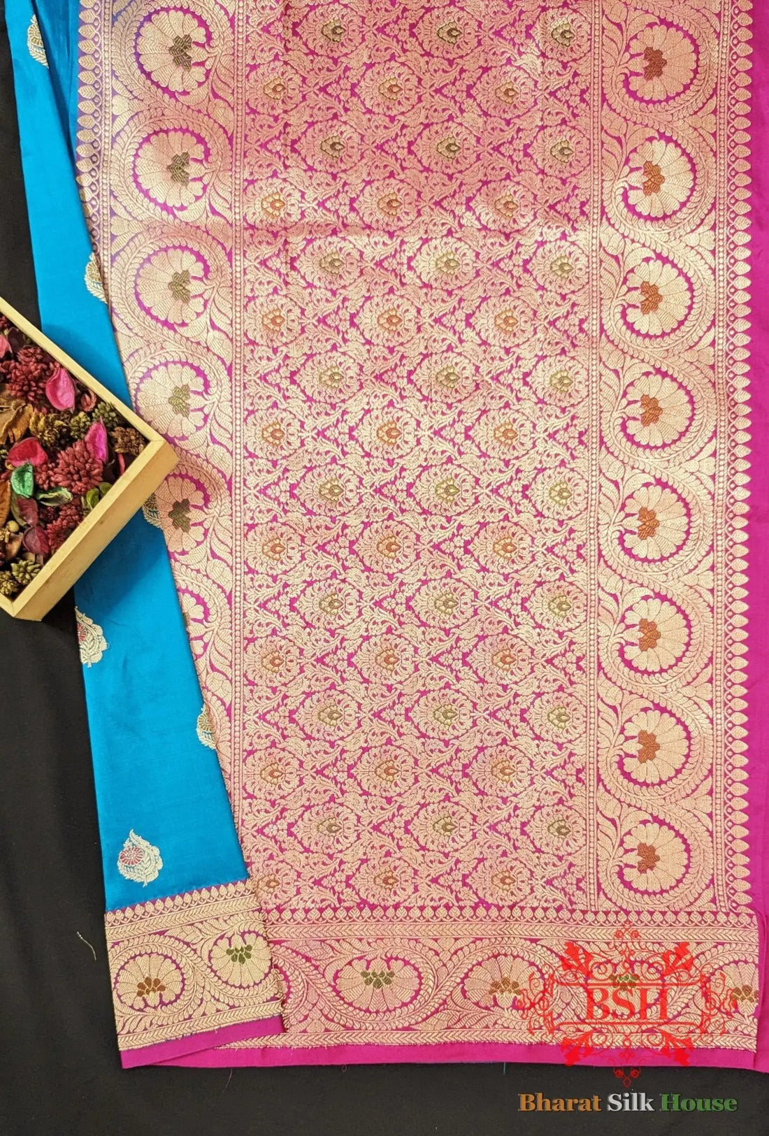 Pure Banarasi Handloom Katan Silk Meenakari Antique Zari Saree In Shades Of Blue - Bharat Silk House Pure Kataan Silk