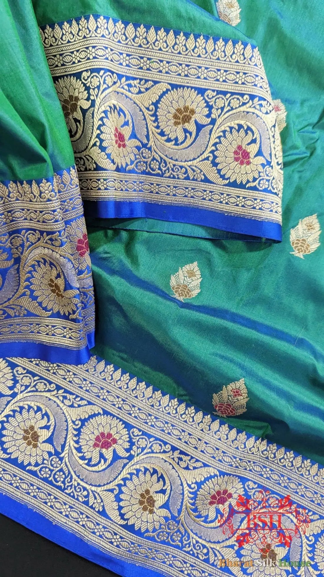 Pure Banarasi Handloom Katan Silk Meenakari Antique Zari Saree In Shades Of Blue - Bharat Silk House Pure Kataan Silk