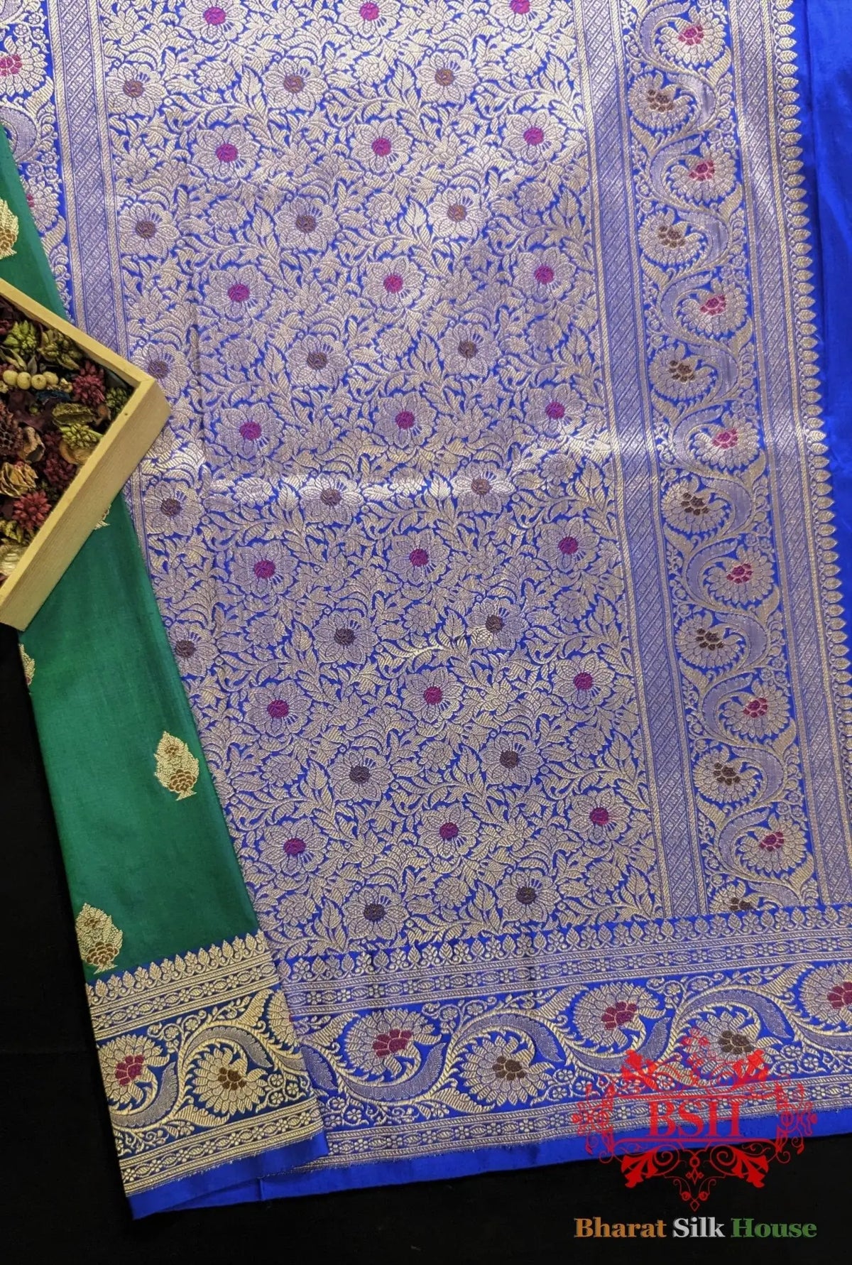Pure Banarasi Handloom Katan Silk Meenakari Antique Zari Saree In Shades Of Blue - Bharat Silk House Pure Kataan Silk
