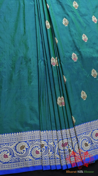 Pure Banarasi Handloom Katan Silk Meenakari Antique Zari Saree In Shades Of Blue - Bharat Silk House Pure Kataan Silk