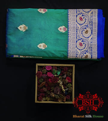 Pure Banarasi Handloom Katan Silk Meenakari Antique Zari Saree In Shades Of Blue - Bharat Silk House Pure Kataan Silk