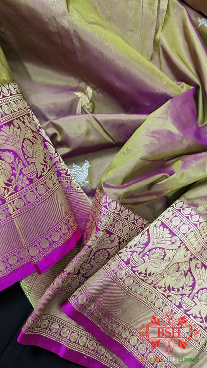 Pure Banarasi Handloom Katan Silk Meenakari Antique Zari Saree In Shades Of Cross Colour - Bharat Silk House