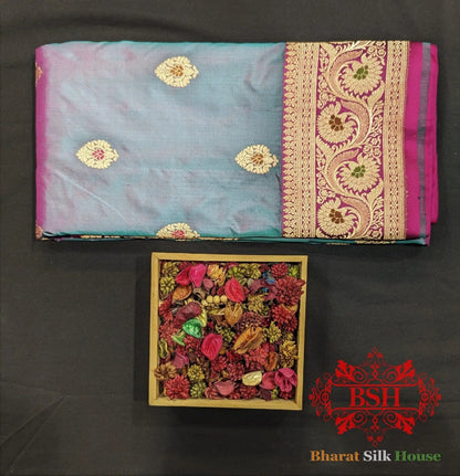 Pure Banarasi Handloom Katan Silk Meenakari Antique Zari Saree In Shades Of Cross colour - Bharat Silk House Pure Kataan Silk