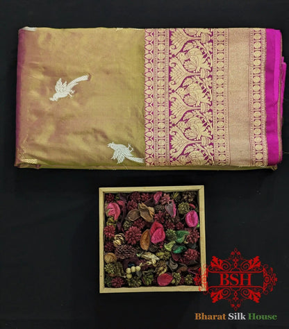 Pure Banarasi Handloom Katan Silk Meenakari Antique Zari Saree In Shades Of Cross Colour - Bharat Silk House Pure Kataan Silk