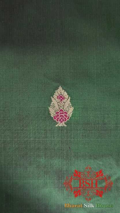 Pure Banarasi Handloom Katan Silk Meenakari Antique Zari Saree In Shades Of Cross Green/Rani - Bharat Silk House Pure Kataan Silk