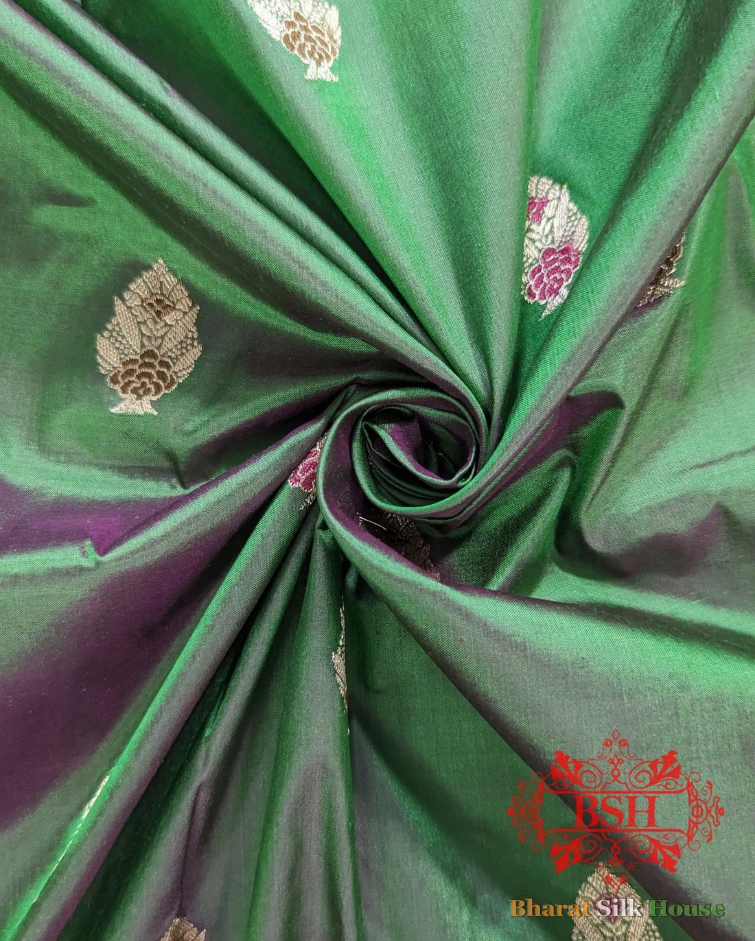 Pure Banarasi Handloom Katan Silk Meenakari Antique Zari Saree In Shades Of Cross Green/Rani - Bharat Silk House Pure Kataan Silk