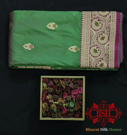 Pure Banarasi Handloom Katan Silk Meenakari Antique Zari Saree In Shades Of Cross Green/Rani - Bharat Silk House Pure Kataan Silk