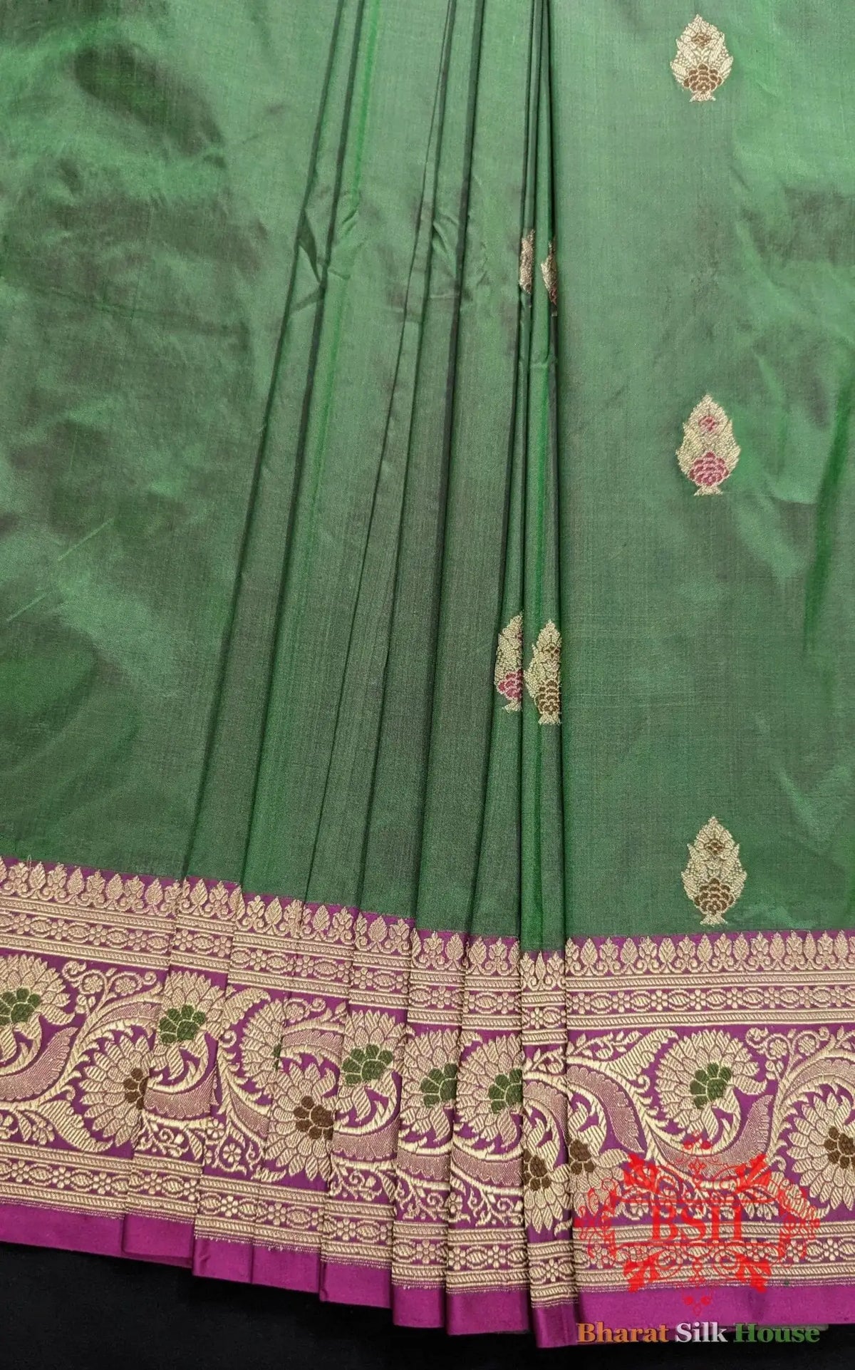 Pure Banarasi Handloom Katan Silk Meenakari Antique Zari Saree In Shades Of Cross Green/Rani - Bharat Silk House Pure Kataan Silk
