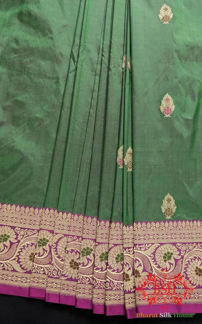 Pure Banarasi Handloom Katan Silk Meenakari Antique Zari Saree In Shades Of Cross Green/Rani - Bharat Silk House Pure Kataan Silk