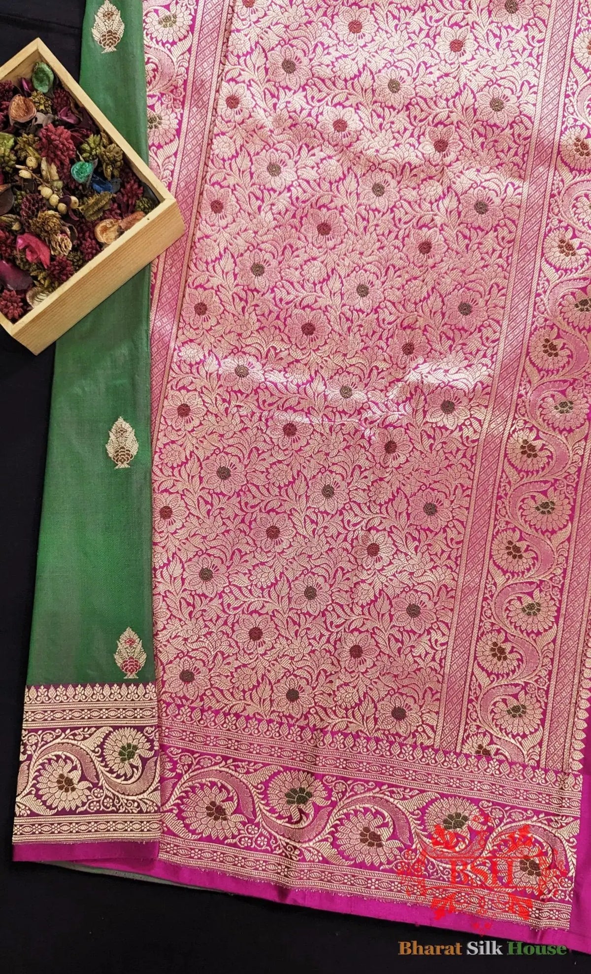 Pure Banarasi Handloom Katan Silk Meenakari Antique Zari Saree In Shades Of Cross Green/Rani - Bharat Silk House Pure Kataan Silk