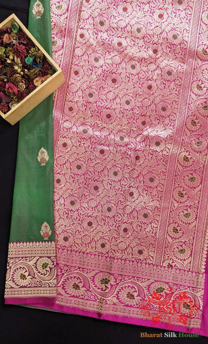 Pure Banarasi Handloom Katan Silk Meenakari Antique Zari Saree In Shades Of Cross Green/Rani - Bharat Silk House Pure Kataan Silk